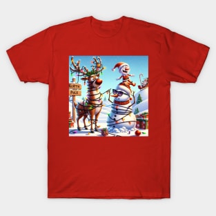 Rudolph, an Elf and a Snowman at the North Pole T-Shirt